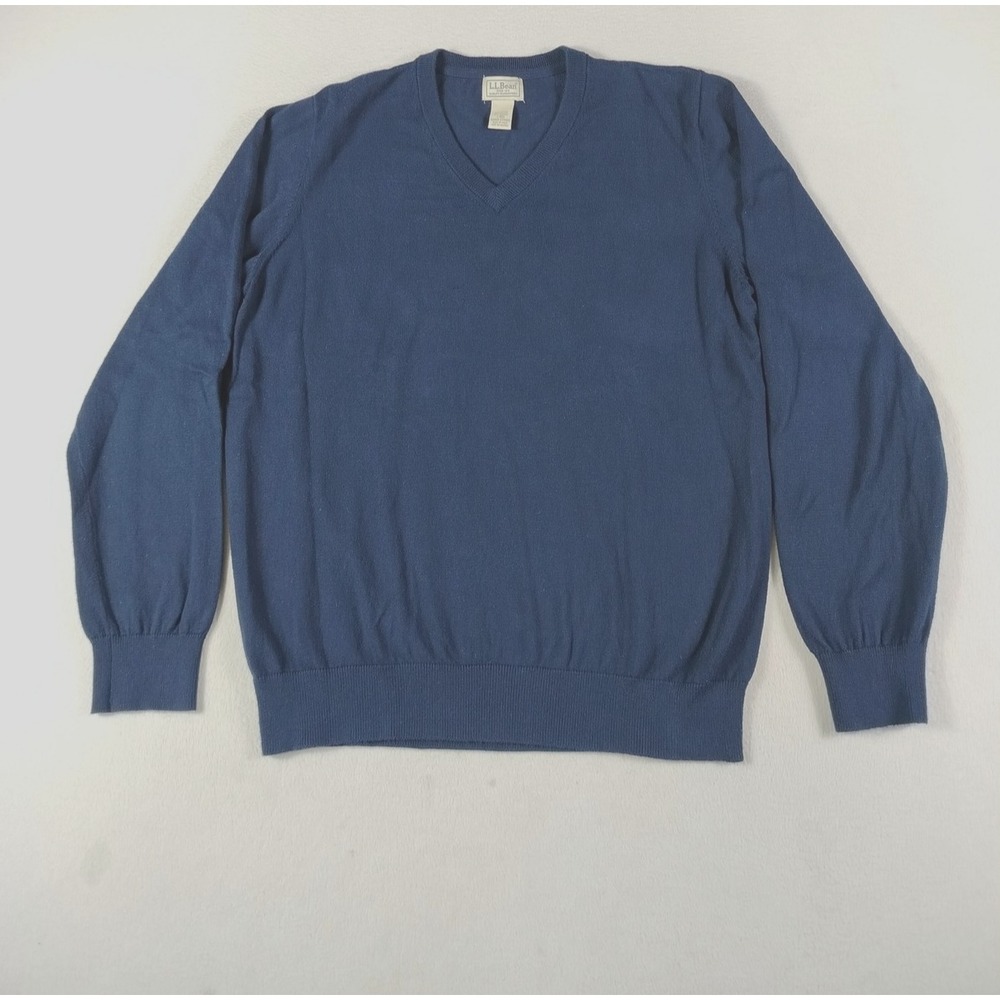 LL Bean Sweater Mens Large Blue Cotton Cashmere V Neck Pullover Knit Cabincore